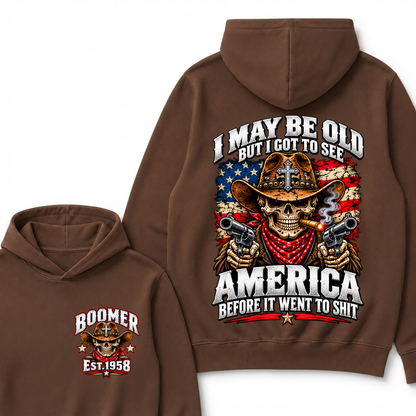 Boomer Est.Year I May Be Old But I Got To See America Cross Gun Cowboy Skull American Flag Hoodie