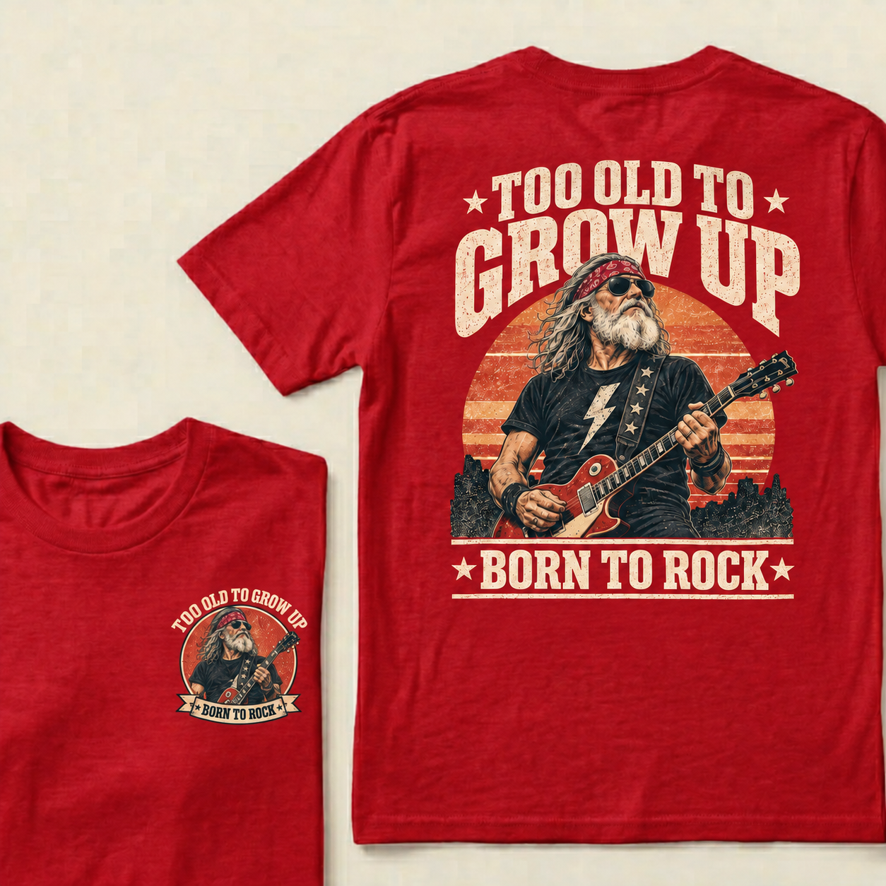 Men’s Crew Neck T‑Shirt, Too Old To Grow Up Born To Rock Guitarist Graphic Tee, Front & Back Print Retro Rock Casual Short Sleeve Top