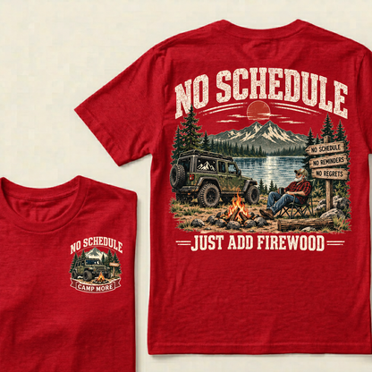 Men’s Crew Neck T‑Shirt, No Schedule Just Add Firewood Jeep Camping Graphic Tee, Front & Back Print Outdoor Adventure Casual Short Sleeve Top