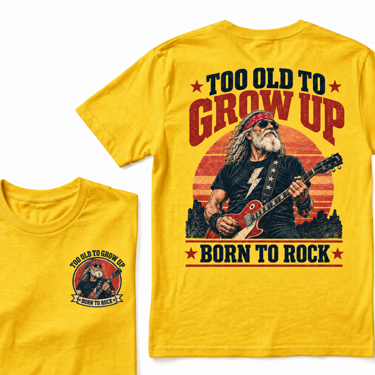 Men’s Crew Neck T‑Shirt, Too Old To Grow Up Born To Rock Guitarist Graphic Tee, Front & Back Print Retro Rock Casual Short Sleeve Top