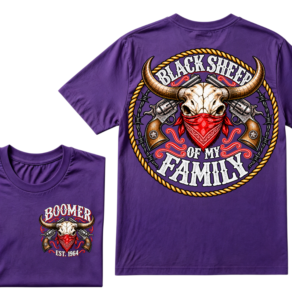 Boomer Est. Year “Black Sheep of My Family” Western Bull Skull Graphic T-Shirt