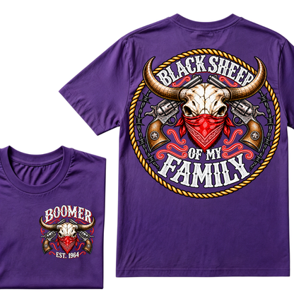 Boomer Est. Year “Black Sheep of My Family” Western Bull Skull Graphic T-Shirt