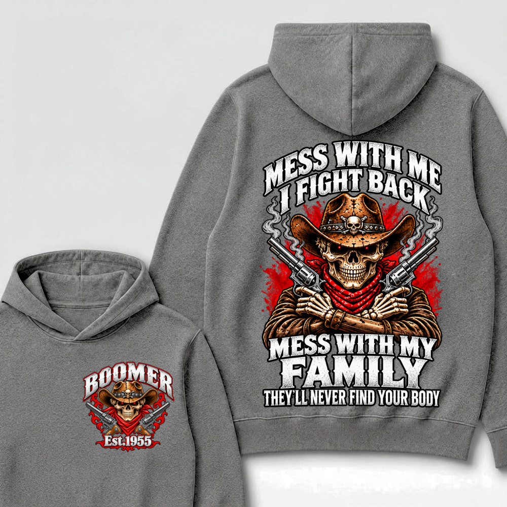 Boomer Est.Year Mess With Me I Fight Back Mess With My Family Double Gun Red Eyes Cowboy Skull Hoodie
