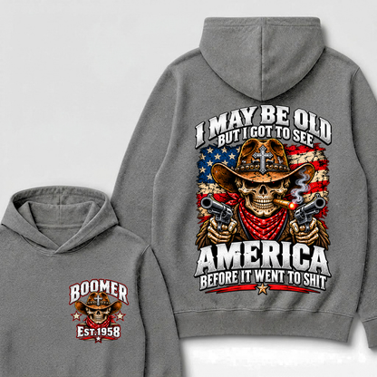 Boomer Est.Year I May Be Old But I Got To See America Cross Gun Cowboy Skull American Flag Hoodie