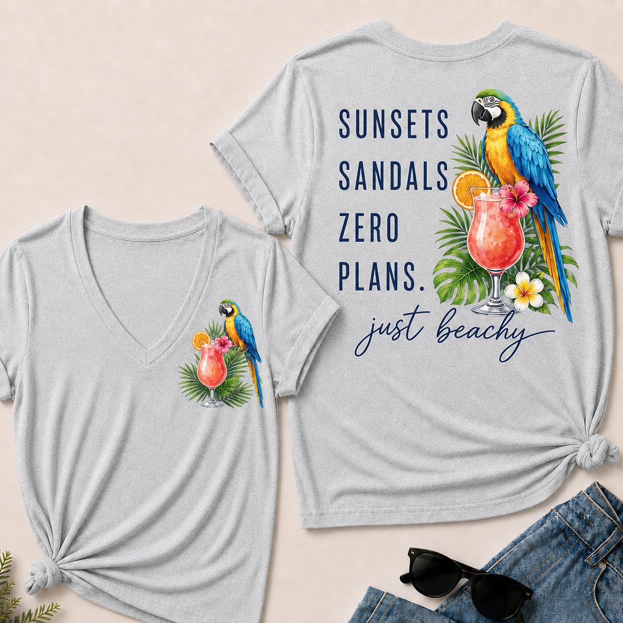 "Sunsets · Sandals · Zero Plans" – Just Beachy V-Neck Tee