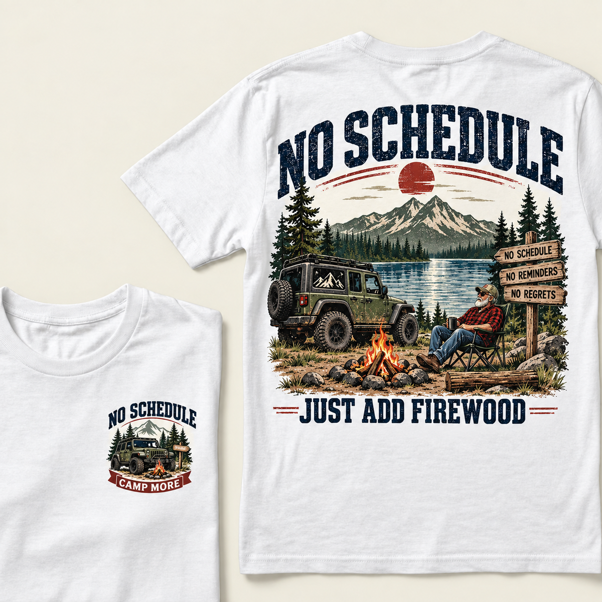 Men’s Crew Neck T‑Shirt, No Schedule Just Add Firewood Jeep Camping Graphic Tee, Front & Back Print Outdoor Adventure Casual Short Sleeve Top