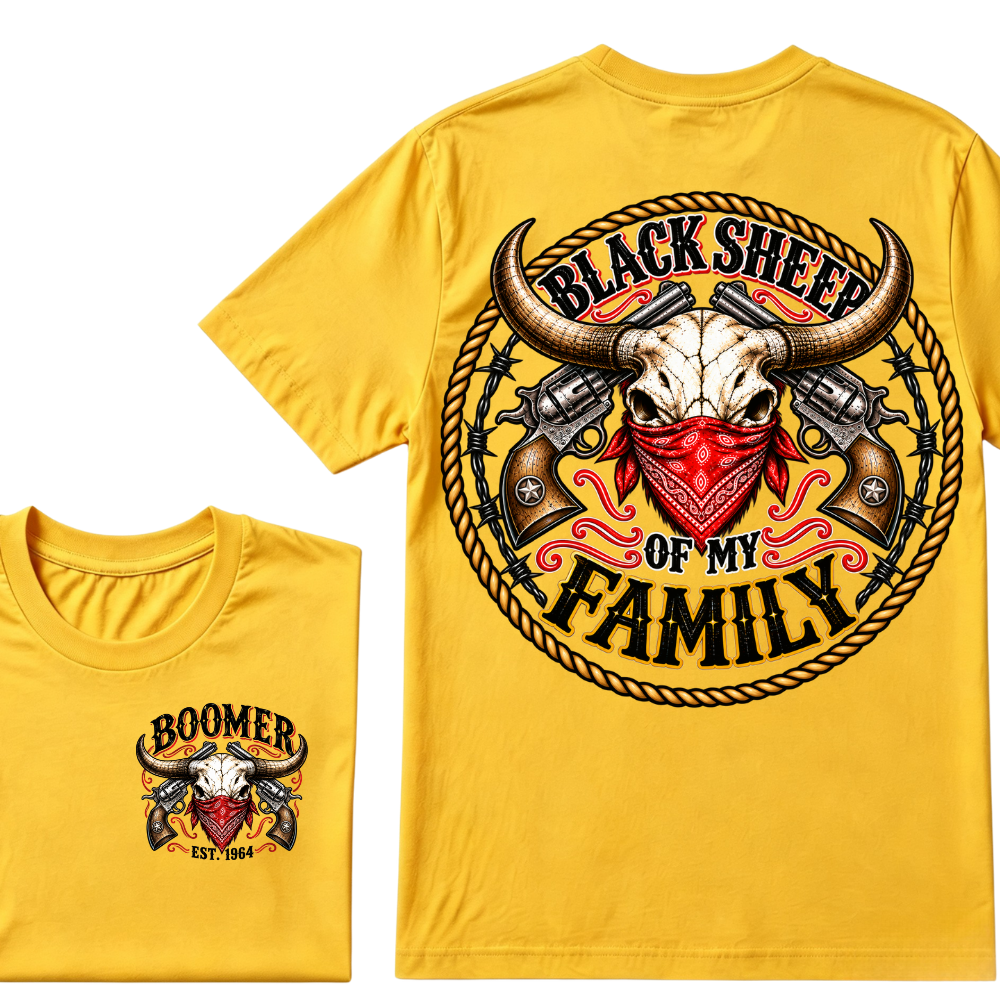Boomer Est. Year “Black Sheep of My Family” Western Bull Skull Graphic T-Shirt