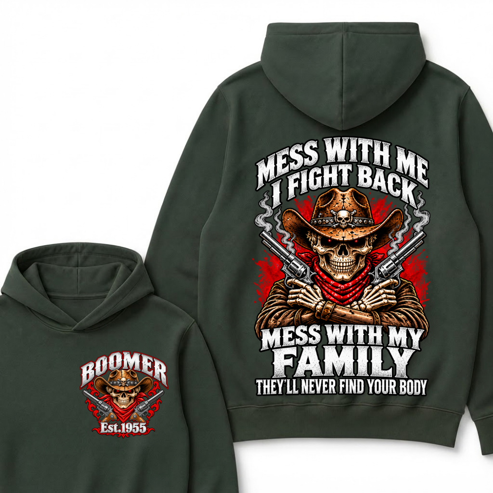 Boomer Est.Year Mess With Me I Fight Back Mess With My Family Double Gun Red Eyes Cowboy Skull Hoodie