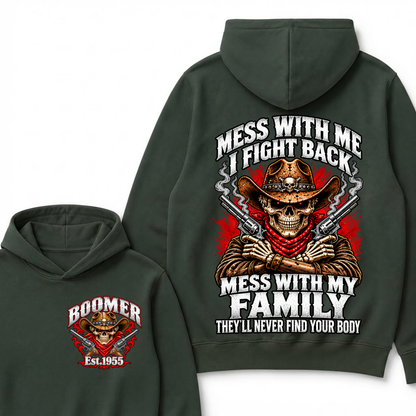 Boomer Est.Year Mess With Me I Fight Back Mess With My Family Double Gun Red Eyes Cowboy Skull Hoodie