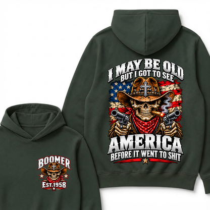 Boomer Est.Year I May Be Old But I Got To See America Cross Gun Cowboy Skull American Flag Hoodie