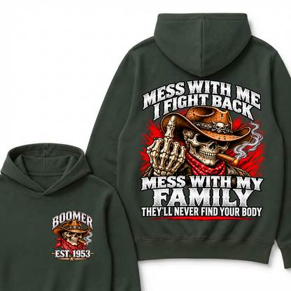 Boomer Est.Year Mess With Me I Fight Back Mess With My Family Cigar Cowboy Skull Hoodie