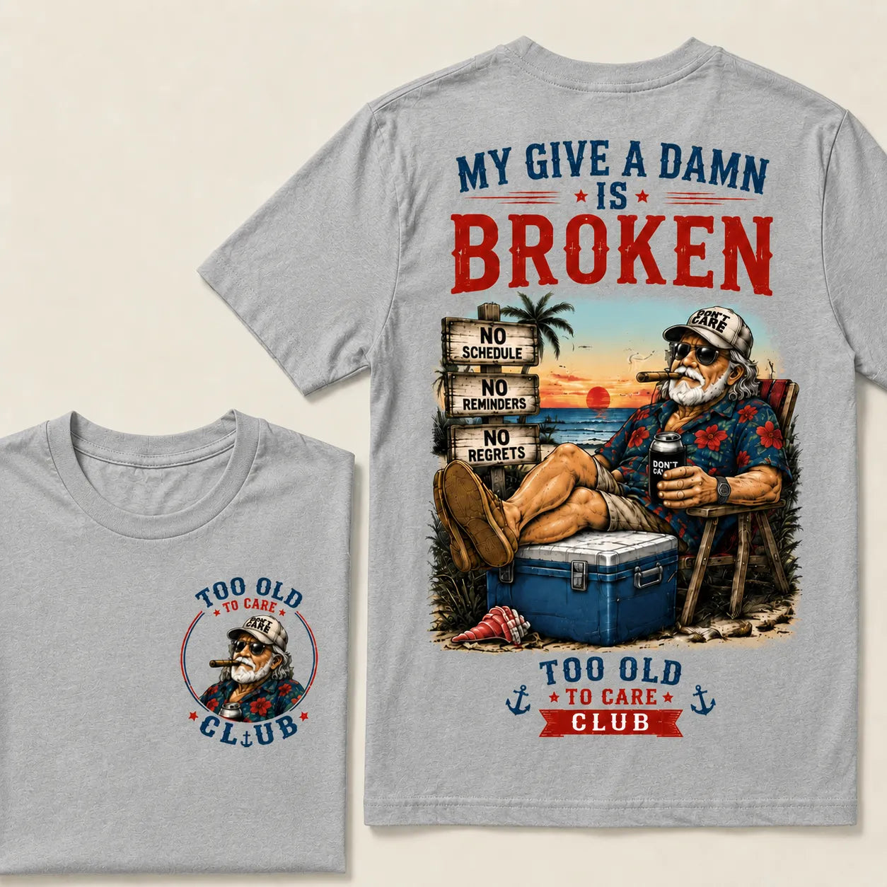Too Old To Care Club™ Funny Retirement T-Shirt – No Schedule No Reminders No Regrets Beach Life Graphic Tee