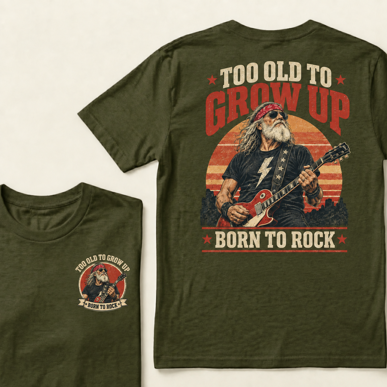 Men’s Crew Neck T‑Shirt, Too Old To Grow Up Born To Rock Guitarist Graphic Tee, Front & Back Print Retro Rock Casual Short Sleeve Top