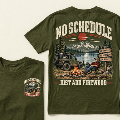 Men’s Crew Neck T‑Shirt, No Schedule Just Add Firewood Jeep Camping Graphic Tee, Front & Back Print Outdoor Adventure Casual Short Sleeve Top