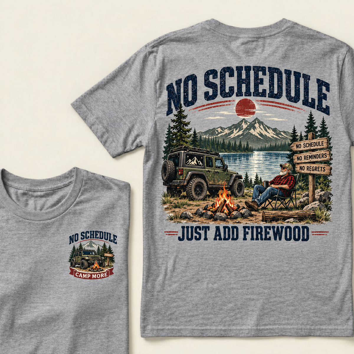 Men’s Crew Neck T‑Shirt, No Schedule Just Add Firewood Jeep Camping Graphic Tee, Front & Back Print Outdoor Adventure Casual Short Sleeve Top
