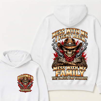 Boomer Est.Year Mess With Me I Fight Back Mess With My Family Double Gun Red Eyes Cowboy Skull Hoodie