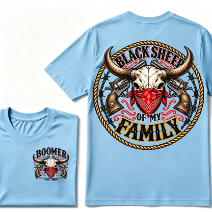 Boomer Est. Year “Black Sheep of My Family” Western Bull Skull Graphic T-Shirt