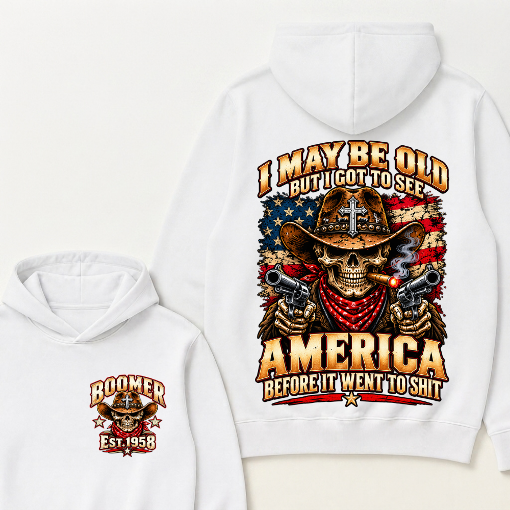 Boomer Est.Year I May Be Old But I Got To See America Cross Gun Cowboy Skull American Flag Hoodie