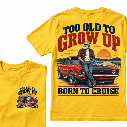 Men's Crew Neck T-Shirt Too Old To Grow Up Born To Cruise Retro Muscle Car Graphic Tee Front & Back Print Casual Short Sleeve Top