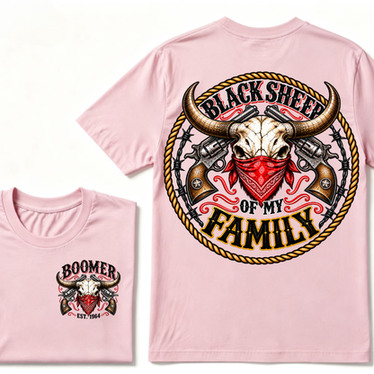 Boomer Est. Year “Black Sheep of My Family” Western Bull Skull Graphic T-Shirt