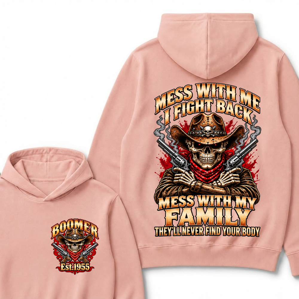 Boomer Est.Year Mess With Me I Fight Back Mess With My Family Double Gun Red Eyes Cowboy Skull Hoodie
