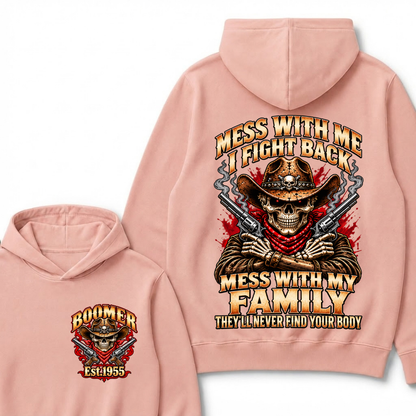 Boomer Est.Year Mess With Me I Fight Back Mess With My Family Double Gun Red Eyes Cowboy Skull Hoodie