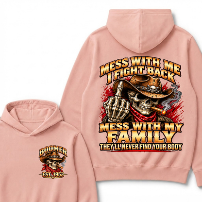 Boomer Est.Year Mess With Me I Fight Back Mess With My Family Cigar Cowboy Skull Hoodie