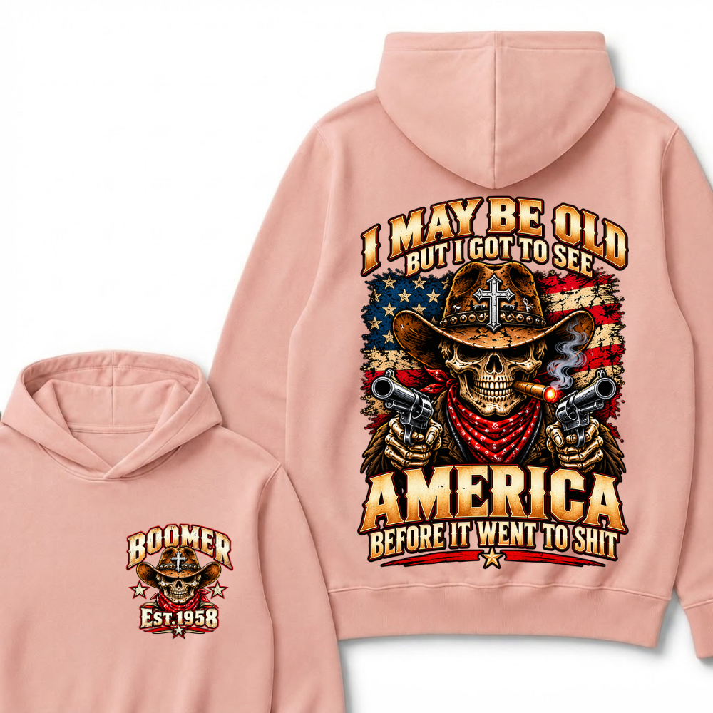 Boomer Est.Year I May Be Old But I Got To See America Cross Gun Cowboy Skull American Flag Hoodie