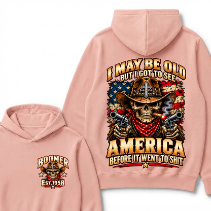 Boomer Est.Year I May Be Old But I Got To See America Cross Gun Cowboy Skull American Flag Hoodie