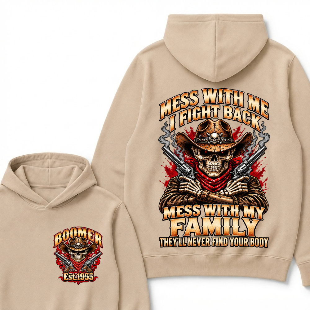Boomer Est.Year Mess With Me I Fight Back Mess With My Family Double Gun Red Eyes Cowboy Skull Hoodie