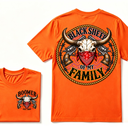 Boomer Est. Year “Black Sheep of My Family” Western Bull Skull Graphic T-Shirt
