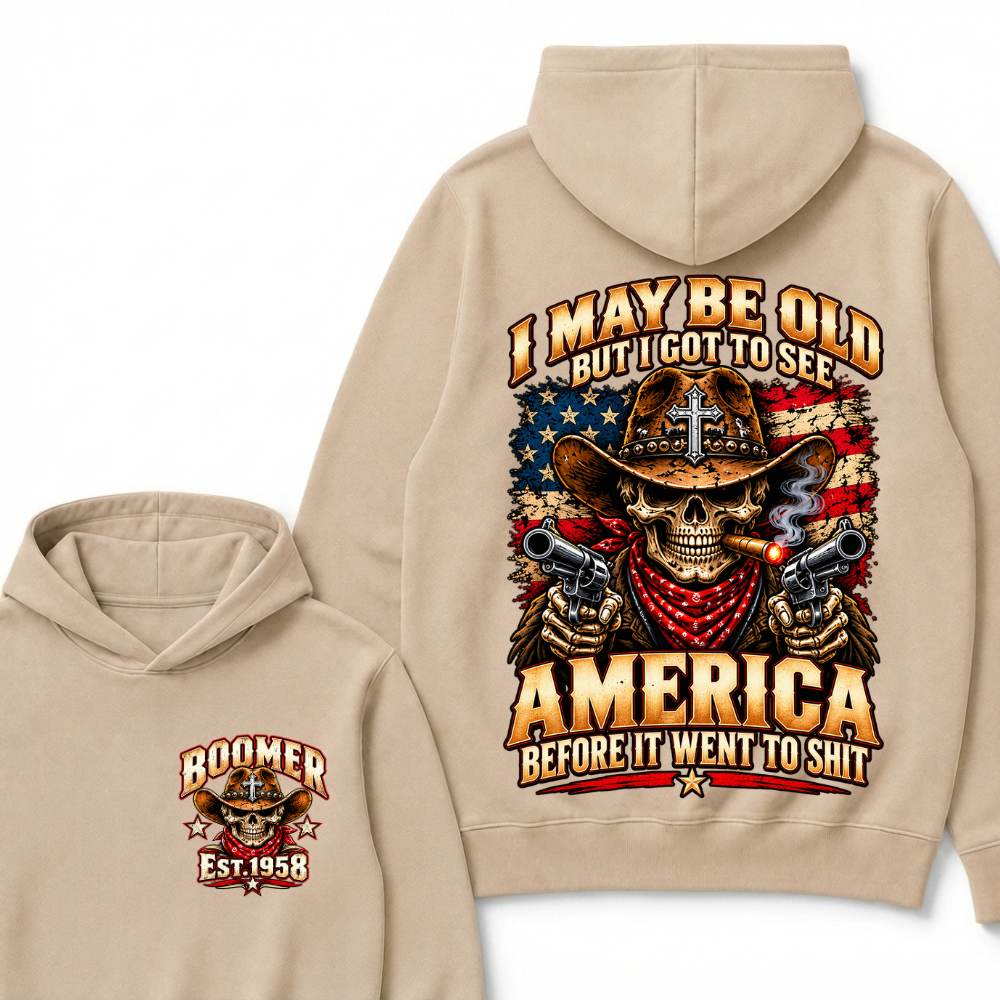 Boomer Est.Year I May Be Old But I Got To See America Cross Gun Cowboy Skull American Flag Hoodie