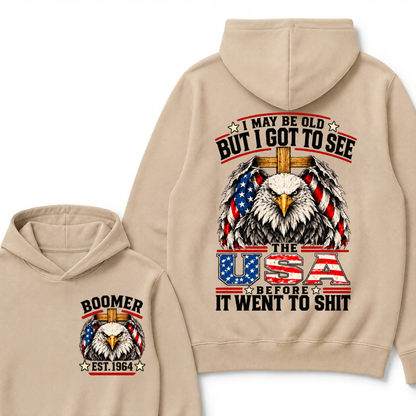 Boomer EST. Year – “I May Be Old But I Got to See the USA” Eagle Hoodie