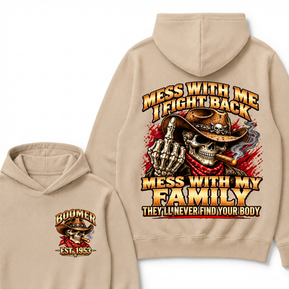 Boomer Est.Year Mess With Me I Fight Back Mess With My Family Cigar Cowboy Skull Hoodie