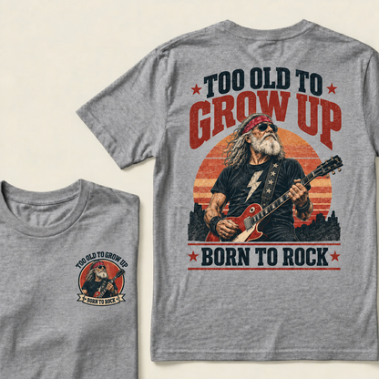 Men’s Crew Neck T‑Shirt, Too Old To Grow Up Born To Rock Guitarist Graphic Tee, Front & Back Print Retro Rock Casual Short Sleeve Top