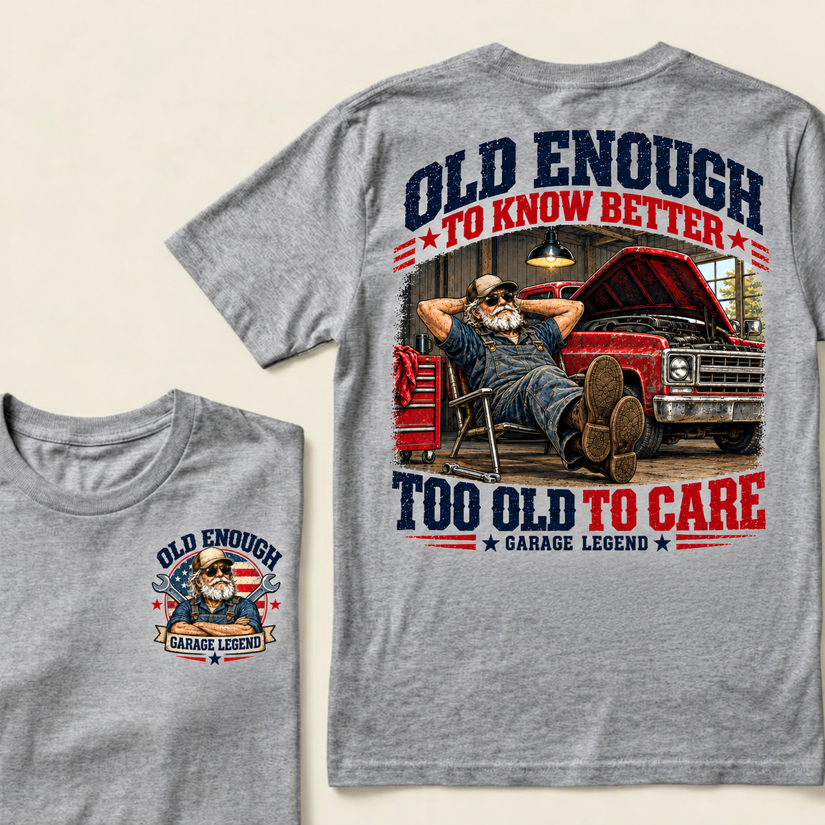 Men's Crew Neck T-Shirt Old Enough To Know Better Too Old To Care Garage Legend Mechanic Graphic Tee Front & Back Print Casual Short Sleeve Top