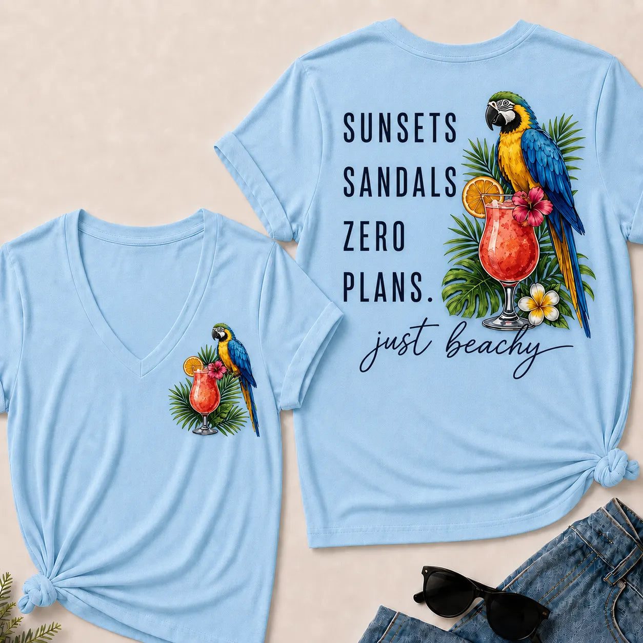 "Sunsets · Sandals · Zero Plans" – Just Beachy V-Neck Tee