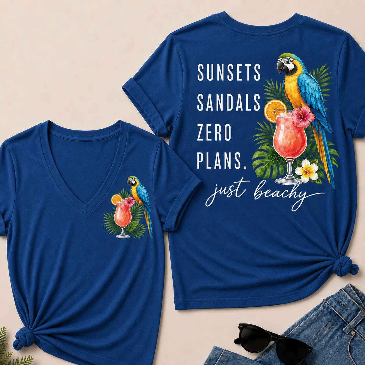 "Sunsets · Sandals · Zero Plans" – Just Beachy V-Neck Tee