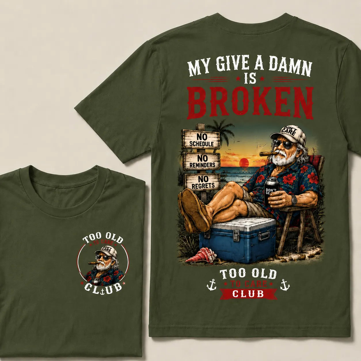 Too Old To Care Club™ Funny Retirement T-Shirt – No Schedule No Reminders No Regrets Beach Life Graphic Tee
