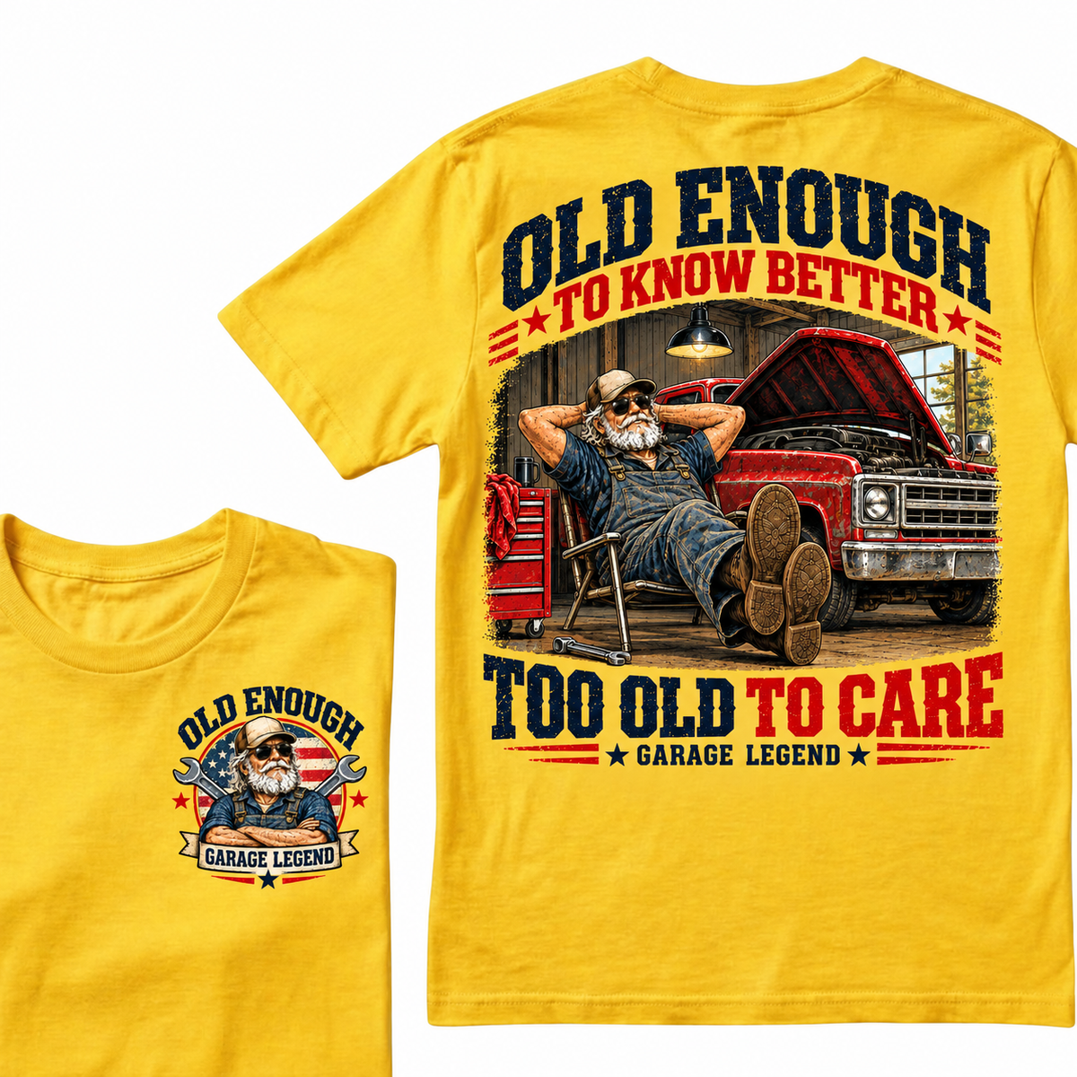Men's Crew Neck T-Shirt Old Enough To Know Better Too Old To Care Garage Legend Mechanic Graphic Tee Front & Back Print Casual Short Sleeve Top