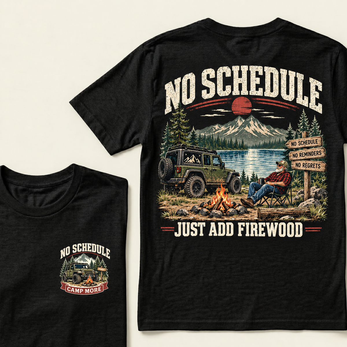 Men’s Crew Neck T‑Shirt, No Schedule Just Add Firewood Jeep Camping Graphic Tee, Front & Back Print Outdoor Adventure Casual Short Sleeve Top