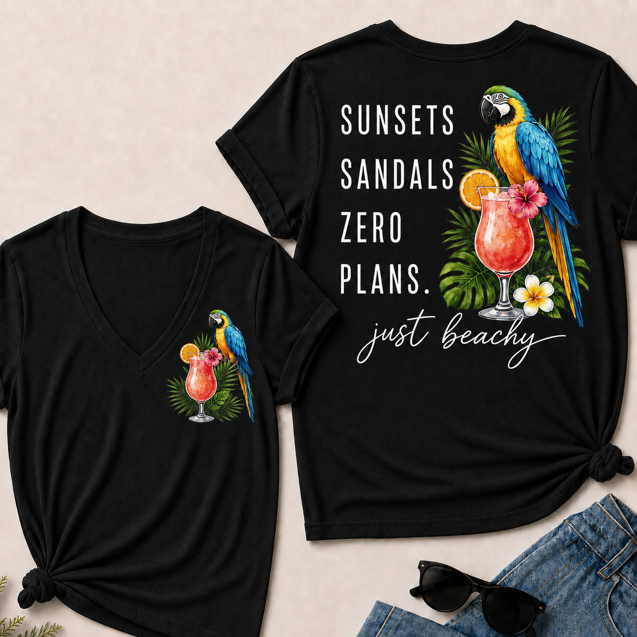 "Sunsets · Sandals · Zero Plans" – Just Beachy V-Neck Tee
