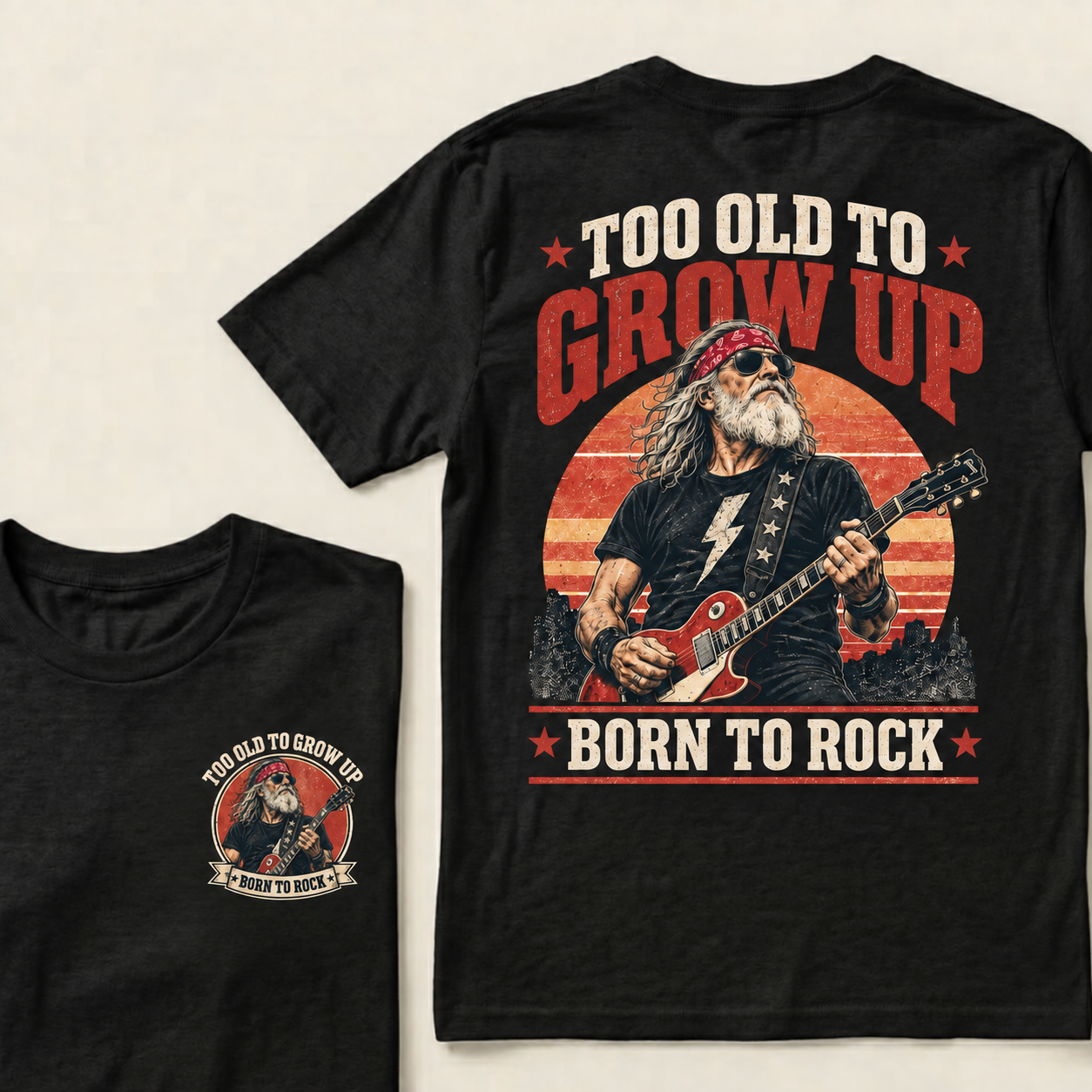 Men’s Crew Neck T‑Shirt, Too Old To Grow Up Born To Rock Guitarist Graphic Tee, Front & Back Print Retro Rock Casual Short Sleeve Top