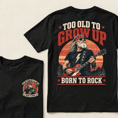 Men’s Crew Neck T‑Shirt, Too Old To Grow Up Born To Rock Guitarist Graphic Tee, Front & Back Print Retro Rock Casual Short Sleeve Top