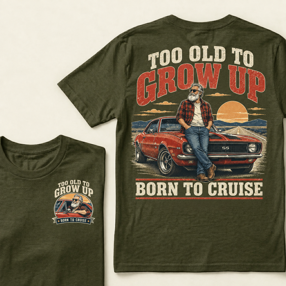 Men's Crew Neck T-Shirt Too Old To Grow Up Born To Cruise Retro Muscle Car Graphic Tee Front & Back Print Casual Short Sleeve Top