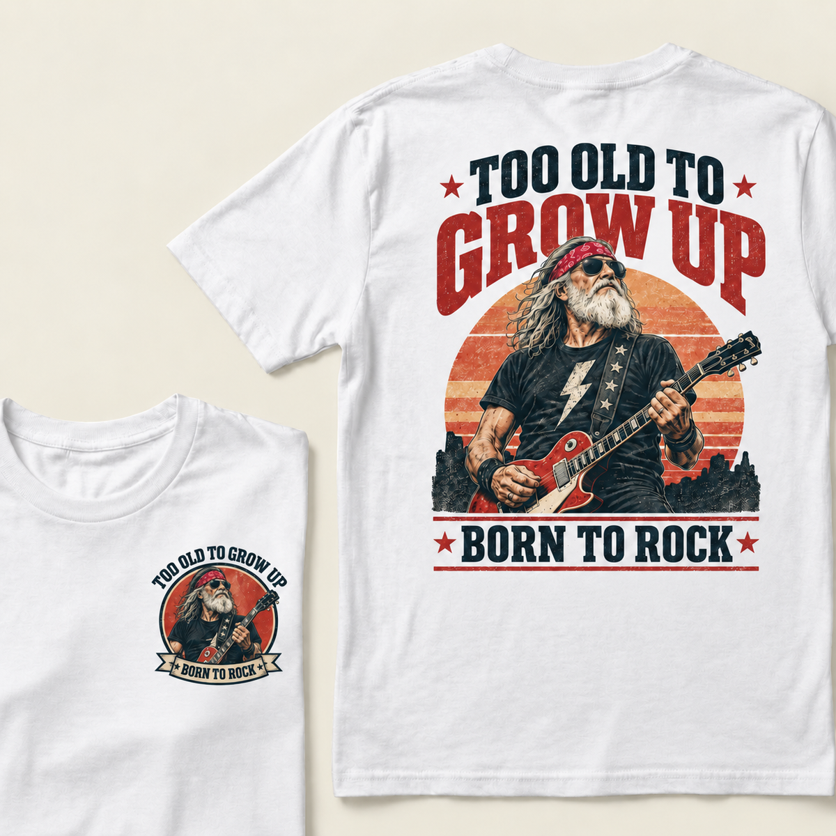 Men’s Crew Neck T‑Shirt, Too Old To Grow Up Born To Rock Guitarist Graphic Tee, Front & Back Print Retro Rock Casual Short Sleeve Top
