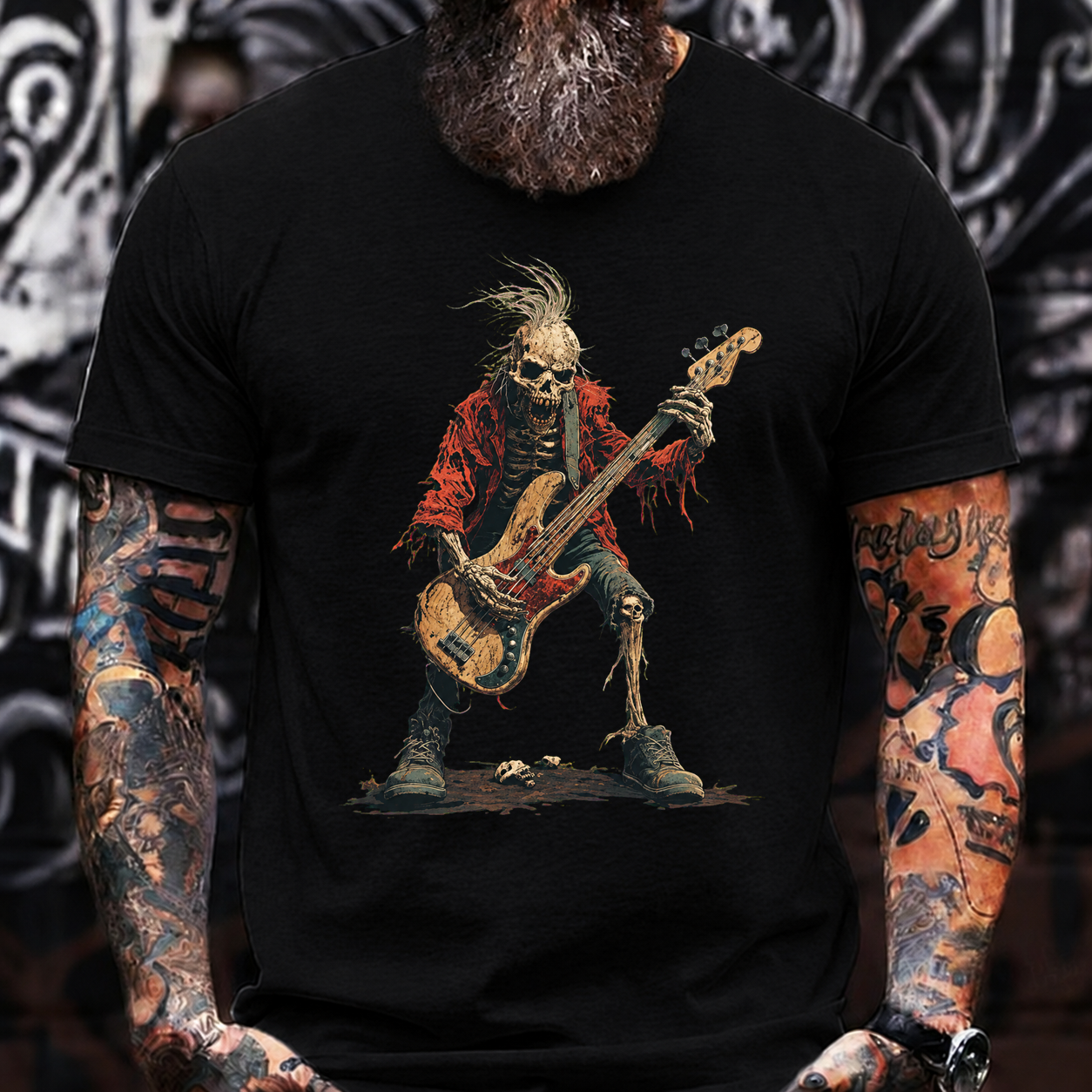 Skeleton Bass Player T-Shirt – Vintage Rock Streetwear
