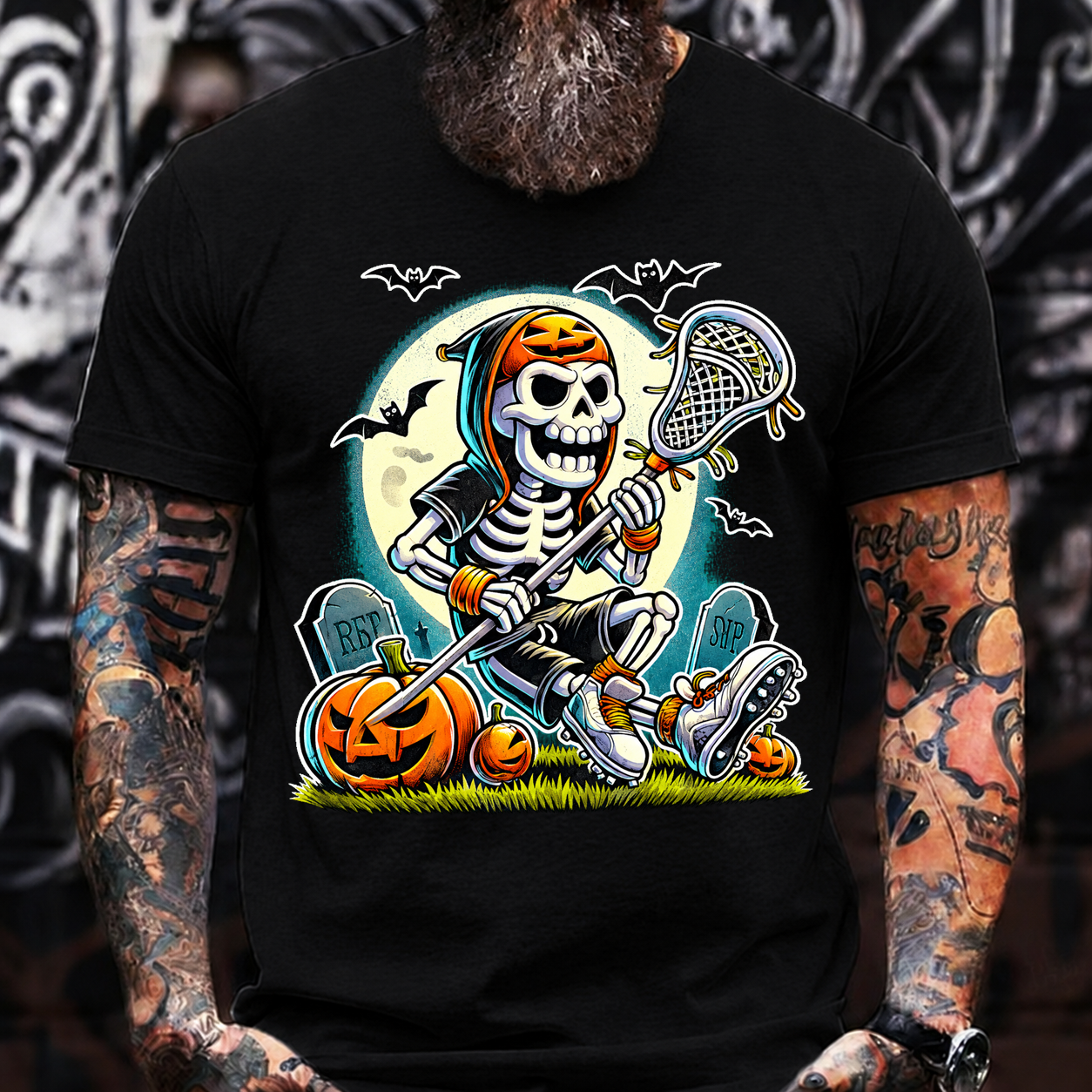 Halloween Skeleton Lacrosse Tee – Spooky Pumpkin Skull