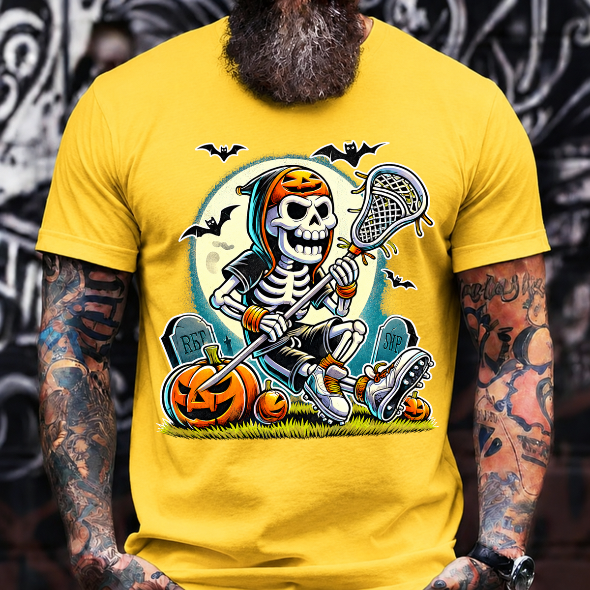 Halloween Skeleton Lacrosse Tee – Spooky Pumpkin Skull