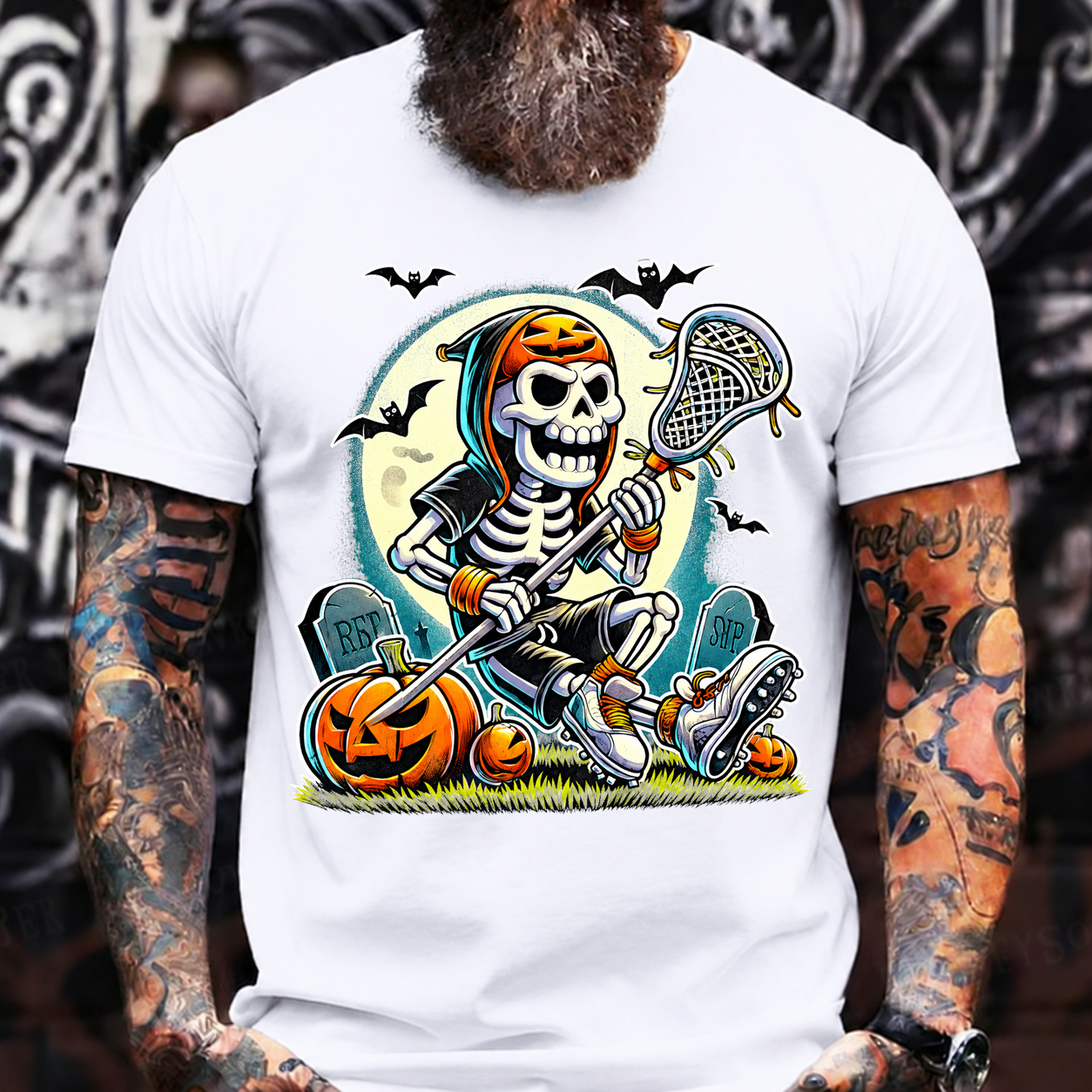 Halloween Skeleton Lacrosse Tee – Spooky Pumpkin Skull